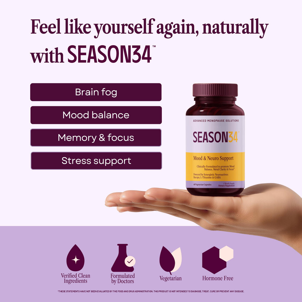 SEASON34 menopause mood memory capsules highlight non-hormonal focus support.