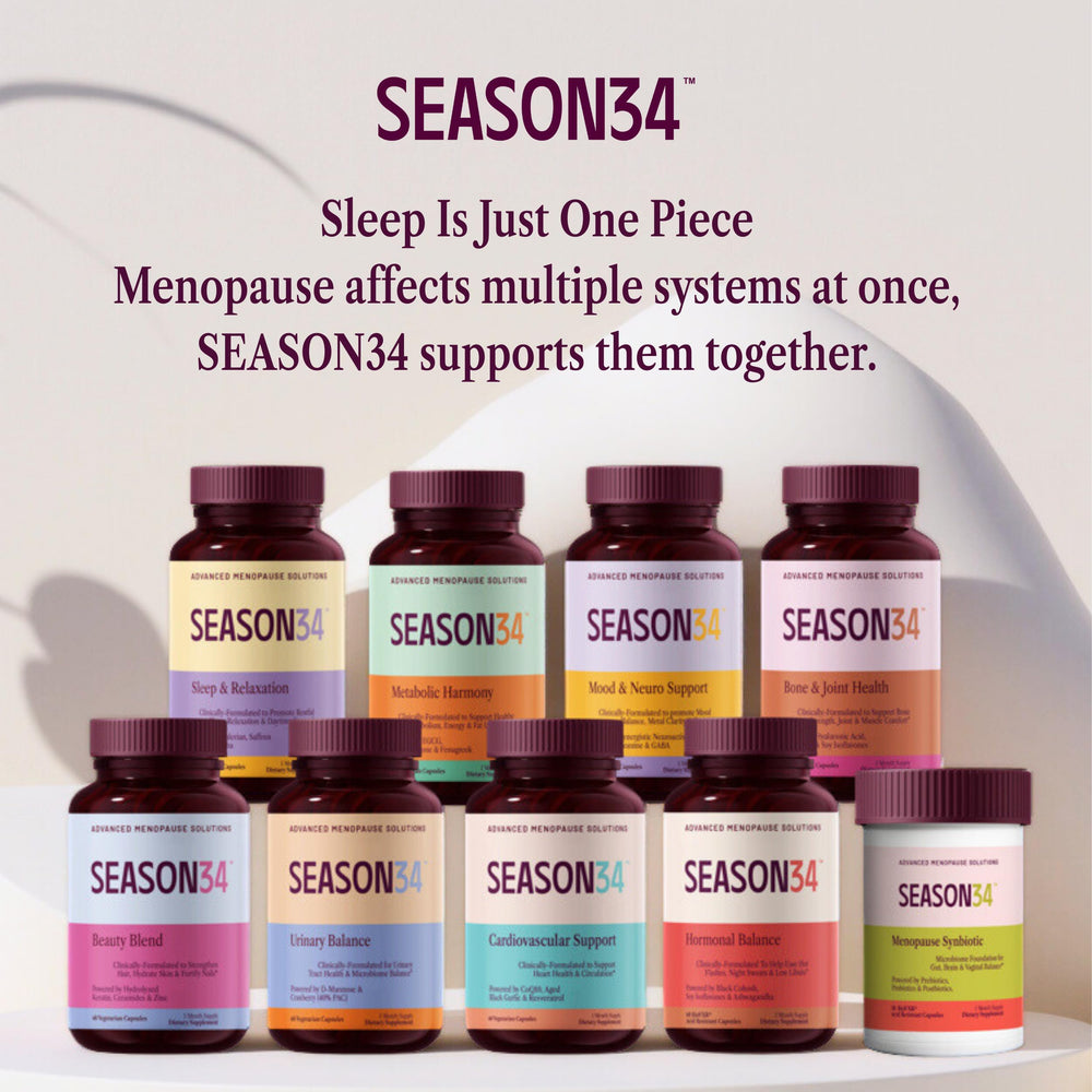 Top-view of SEASON34 bottle emphasizes clean label for simple, melatonin-free sleep support.