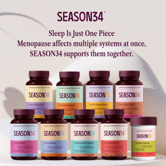 Top-view of SEASON34 bottle emphasizes clean label for simple, melatonin-free sleep support.