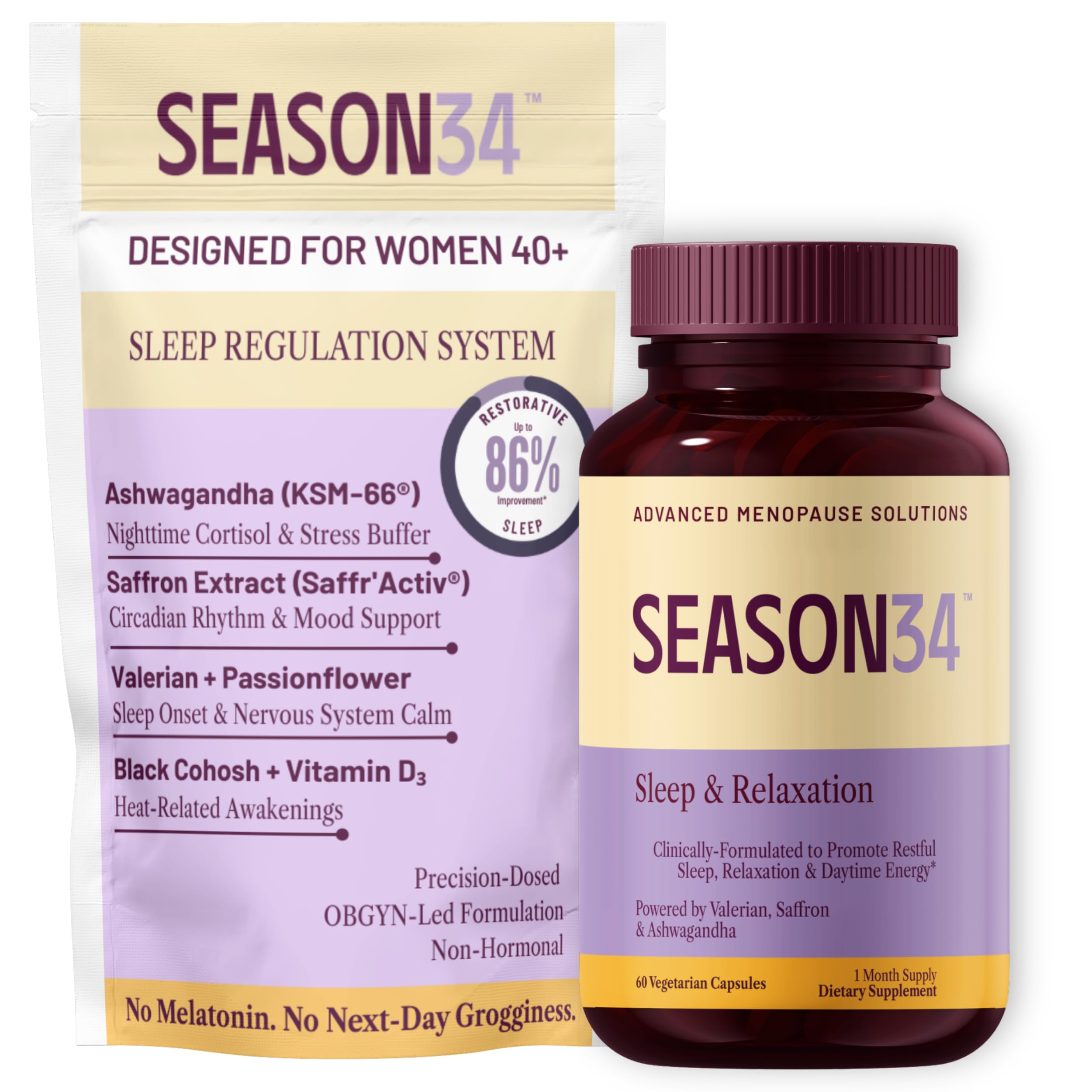 SEASON34 menopause sleep support bottle on shelf promotes calm nights and refreshed mornings.