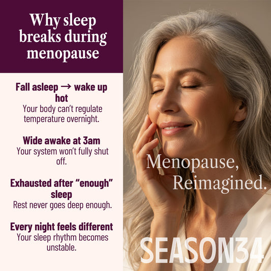 Closeup of SEASON34 label highlights a non-hormonal, melatonin-free sleep formula.
