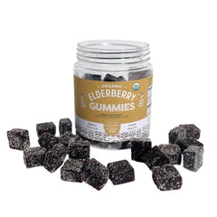 Seattle Elderberry Gummies bottle showing organic ingredients for family immune-support on the go.