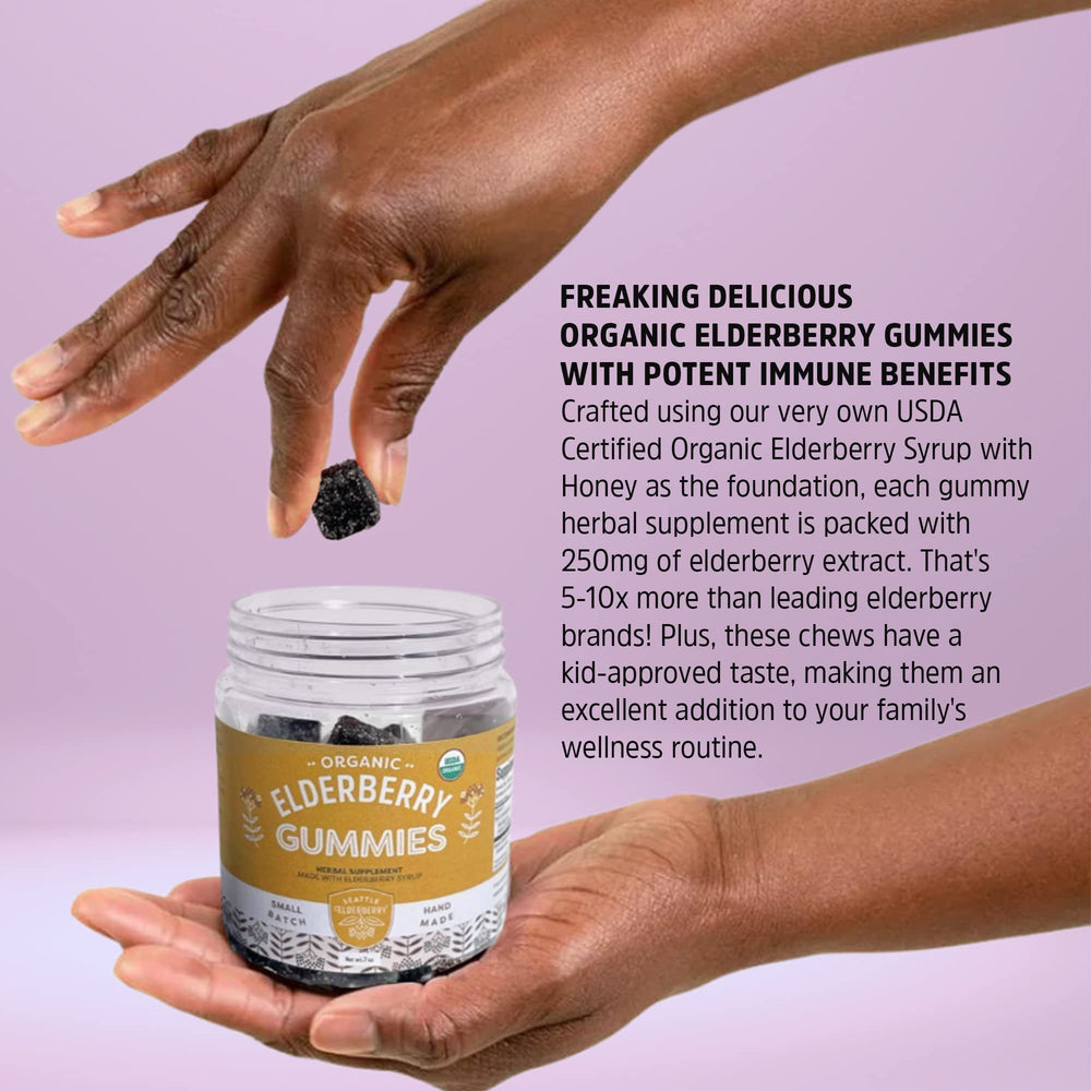 Close-up of Seattle Elderberry Gummies ingredients highlighting organic elderberry and honey base.