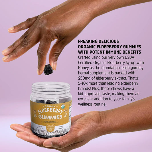 Close-up of Seattle Elderberry Gummies ingredients highlighting organic elderberry and honey base.