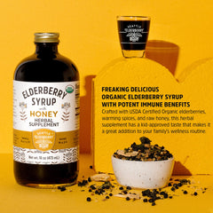 Spoonful of Seattle Elderberry Syrup ready for a family wellness moment.