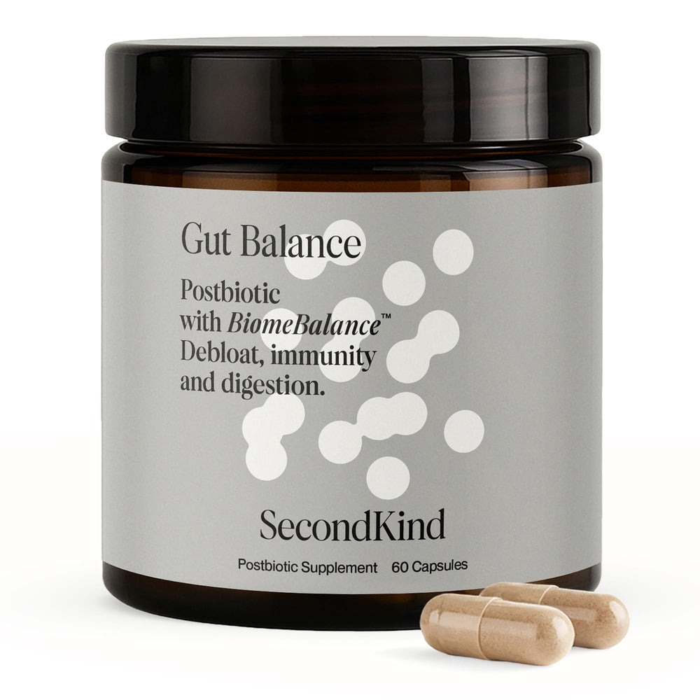 SecondKind postbiotics gut balance bottle shown for daily digestive support
