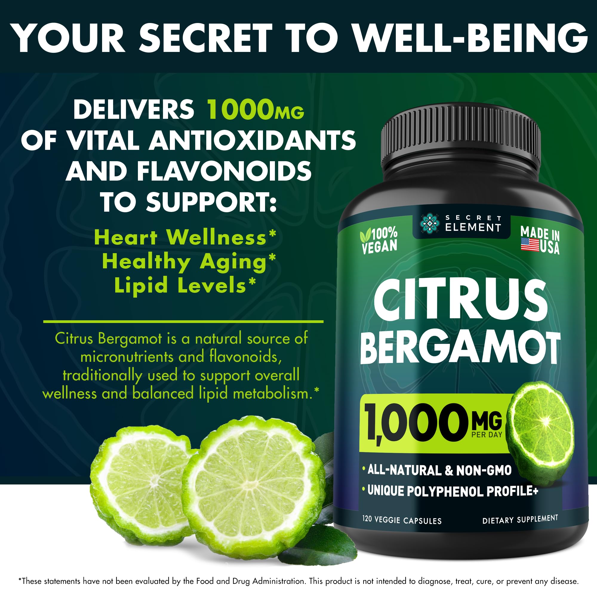 Secret Element bergamot capsules closeup highlighting convenient supplementation