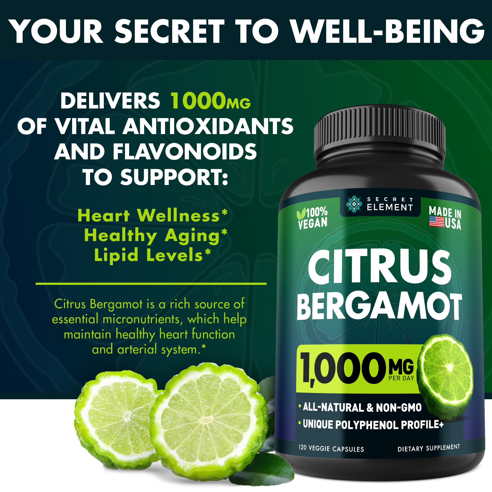 Secret Element bergamot capsules convey polyphenol-rich, antioxidant-supporting profile.