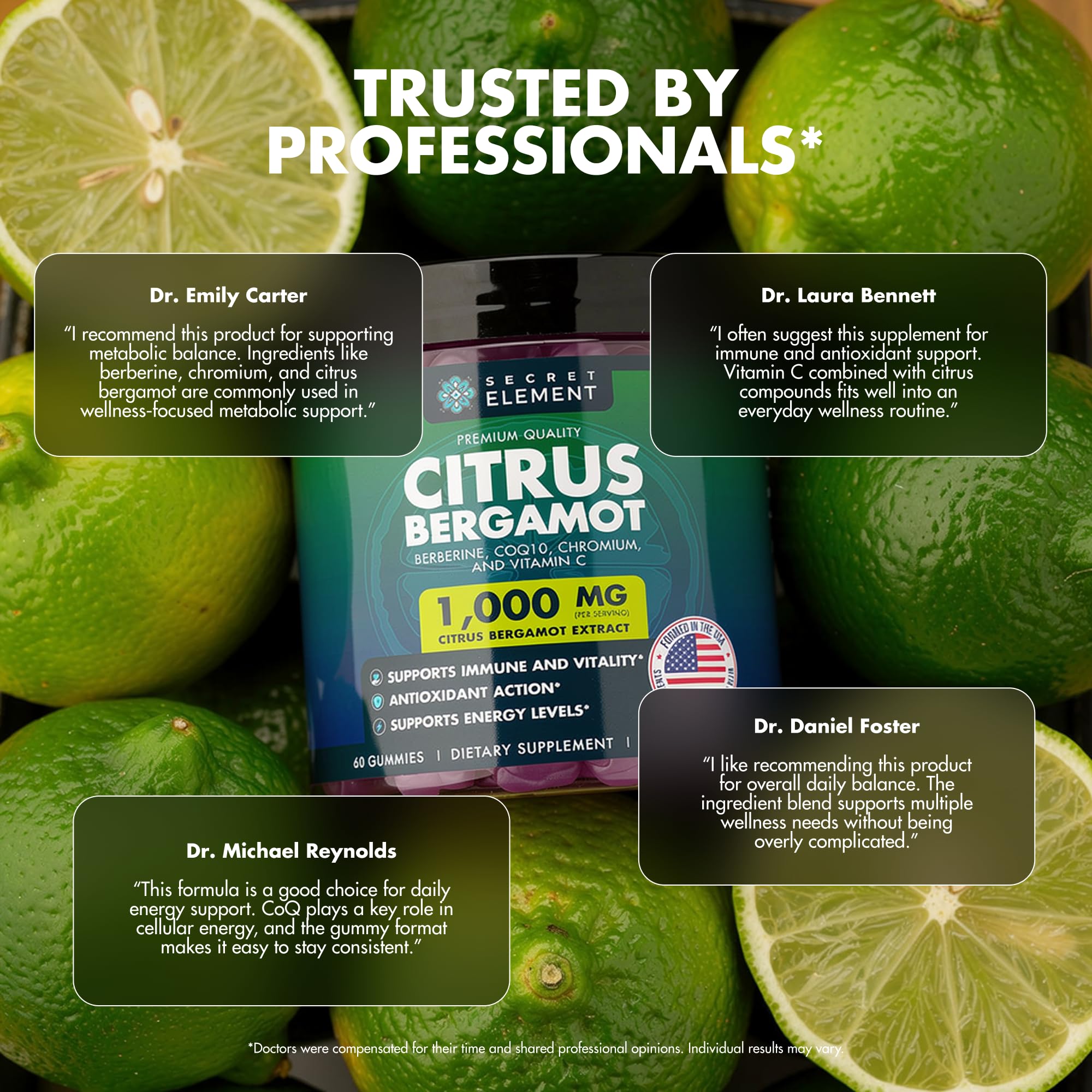 Secret Element Citrus Bergamot Gummies ingredients chart highlighting bergamot and CoQ10.