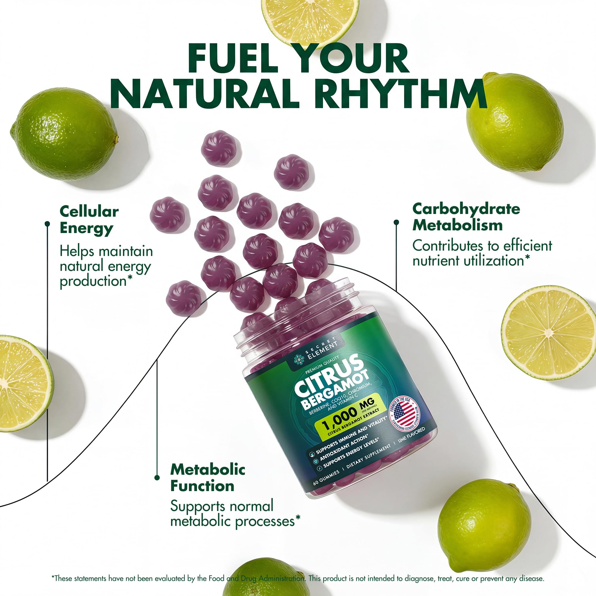 Secret Element Citrus Bergamot Gummies vegan symbol and clean ingredients emphasis.