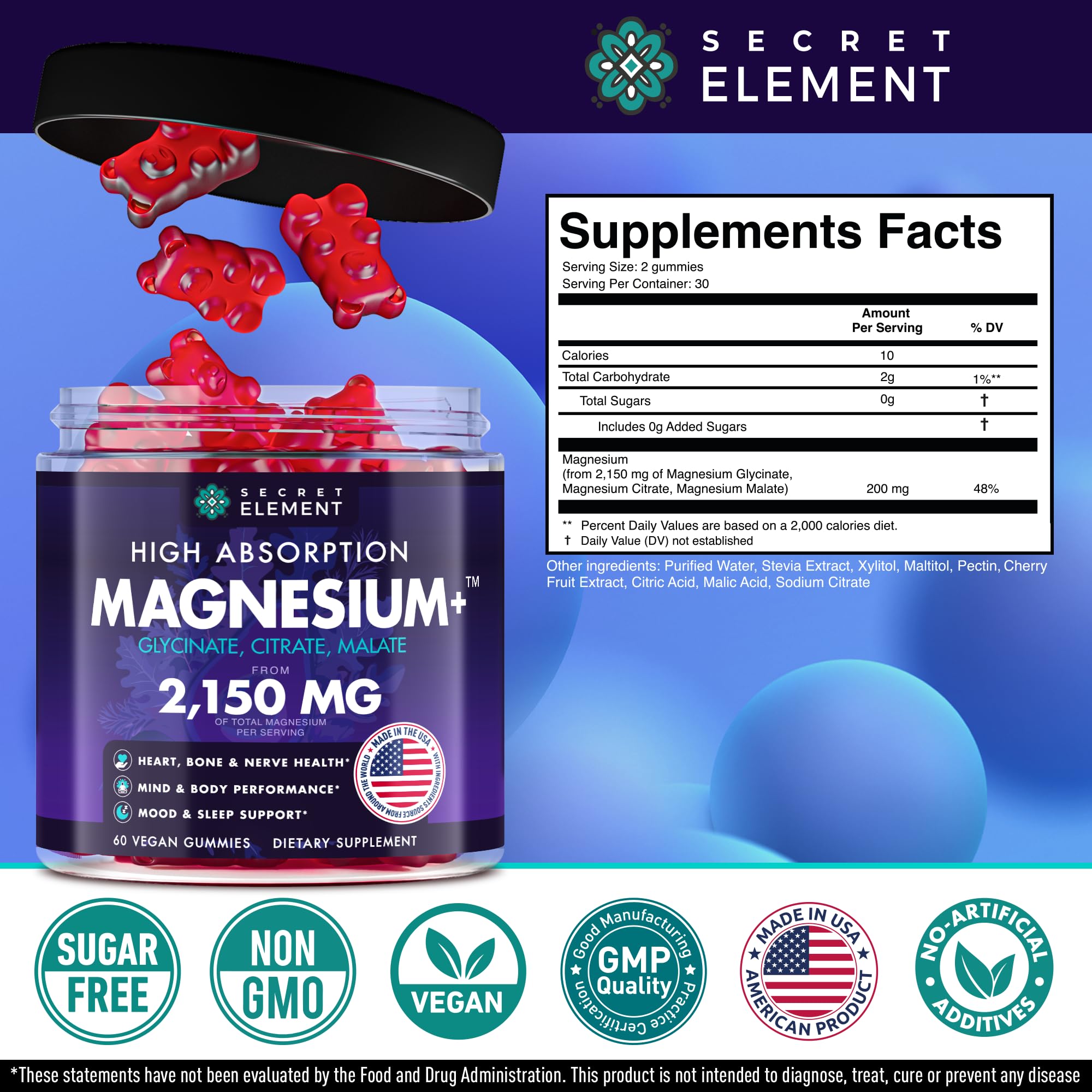 Secret Element gummies emphasize zero sugar and clean ingredients.