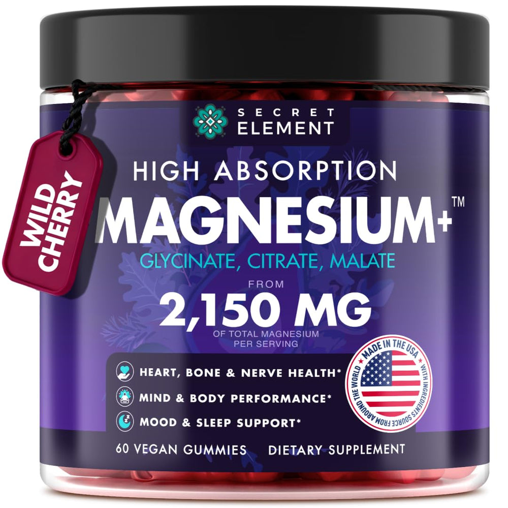 Secret Element magnesium glycinate gummies packaging highlights the cherry flavor for daily vitality.