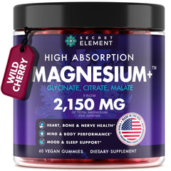 Secret Element magnesium glycinate gummies packaging highlights the cherry flavor for daily vitality.