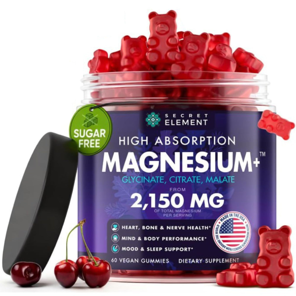 Secret Element Magnesium Gummies 3in1 bottle front highlights high absorption formula for daily wellness.