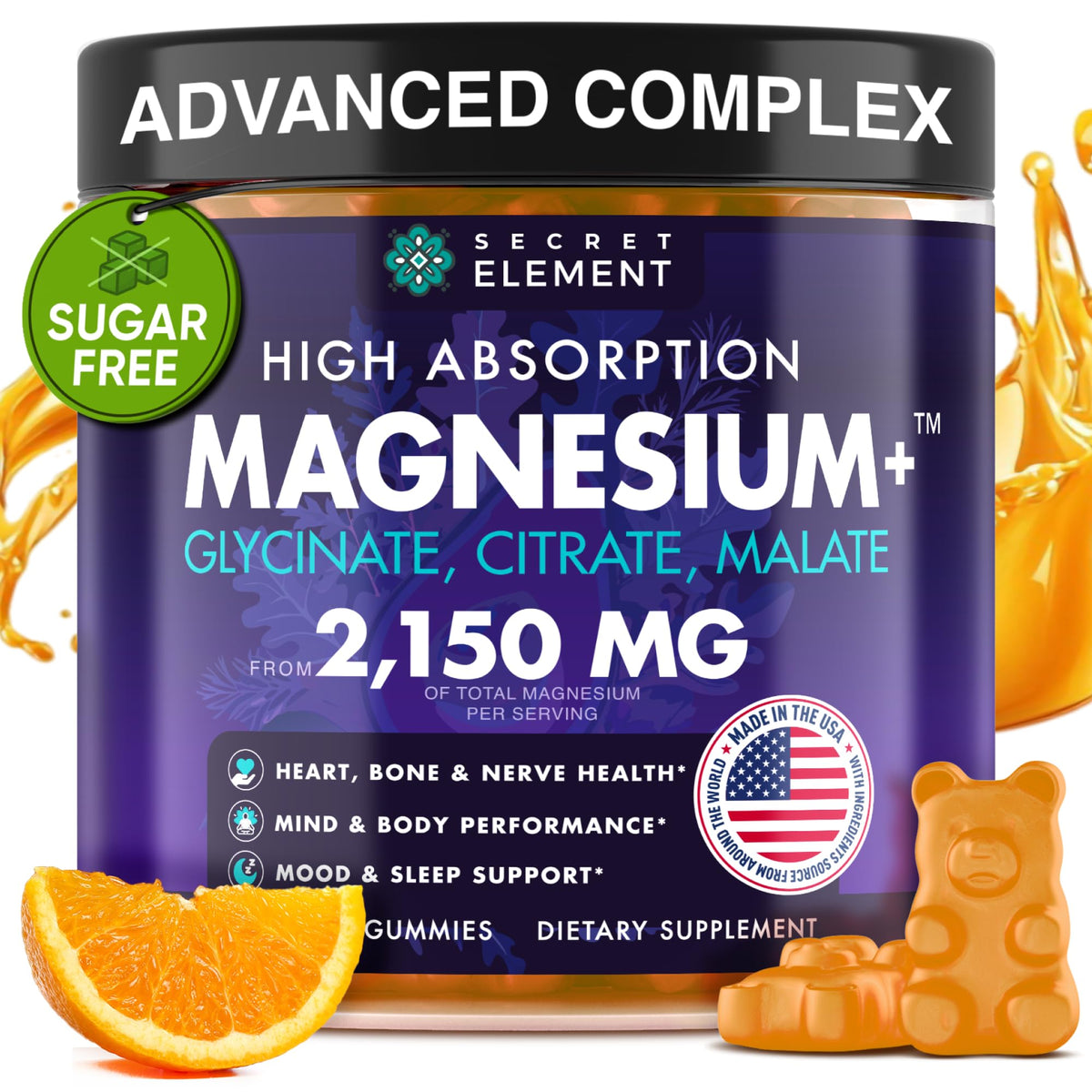 Secret Element orange gummies bottle with citrus flavor for daily magnesium support