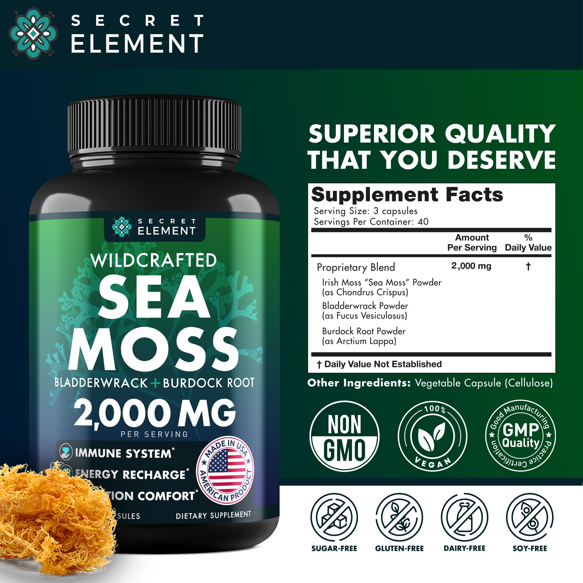 Secret Element plant-based formulation packaging showing gluten-free and non-GMO features