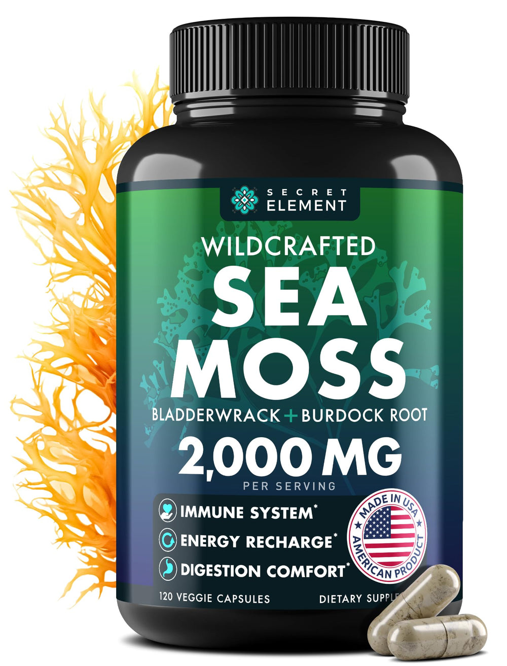 Secret Element sea moss capsules bottle for easy daily supplementation and wellness