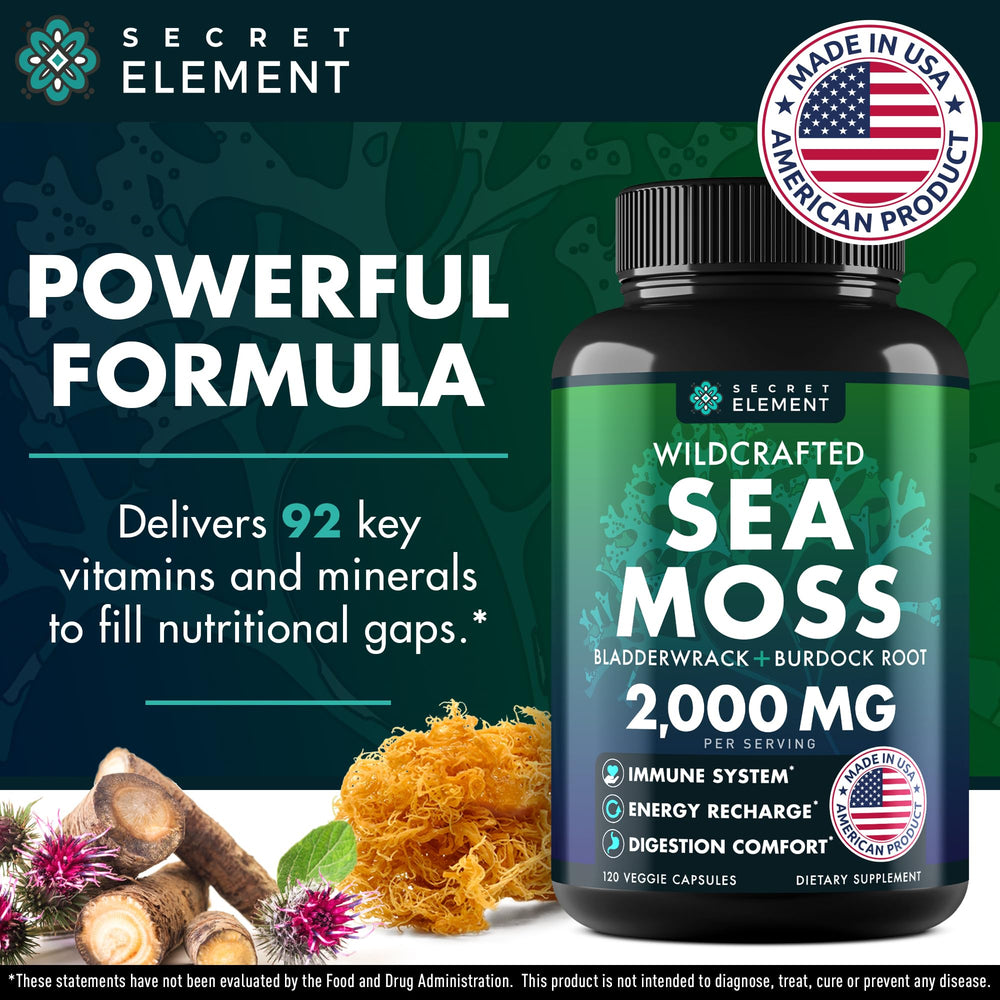 Secret Element sea moss capsules packaging highlighting plant-based blend for routines