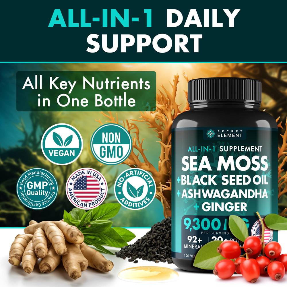 Secret Element sea moss capsules close-up emphasizing mineral-rich nutrition.