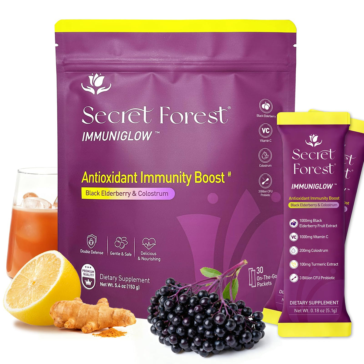 Secret Forest ImmuniGlow packet being poured for convenient daily immunity support