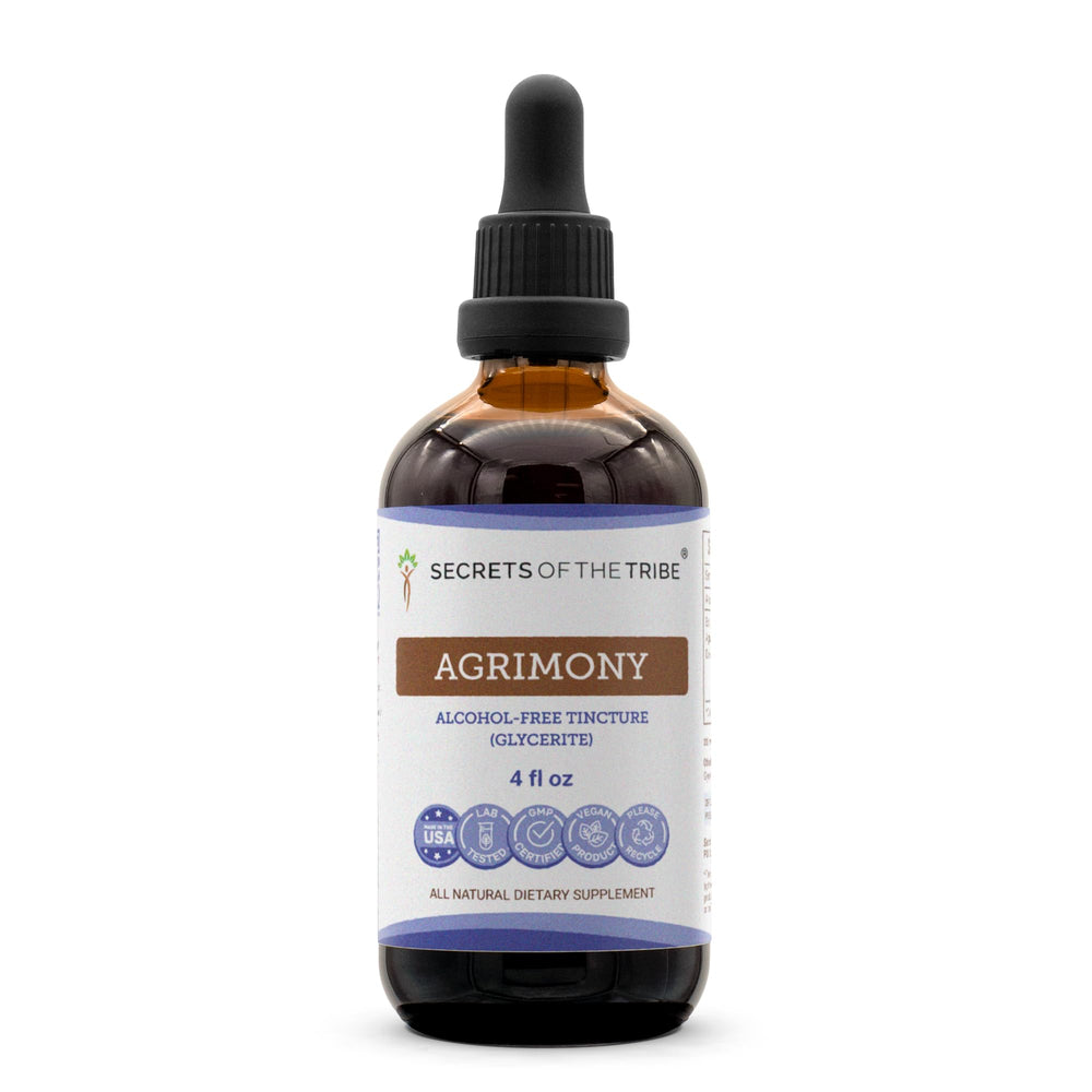 Secrets of the Tribe Agrimony tincture bottle showing alcohol-free liquid extract for daily use