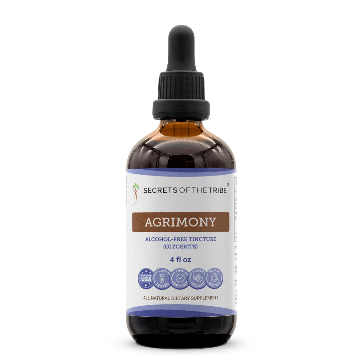 Secrets of the Tribe Agrimony tincture bottle showing alcohol-free liquid extract for daily use