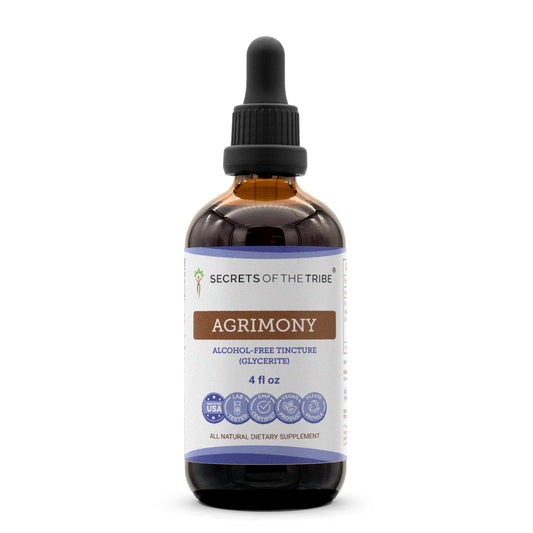 Secrets of the Tribe Agrimony tincture bottle showing alcohol-free liquid extract for daily use