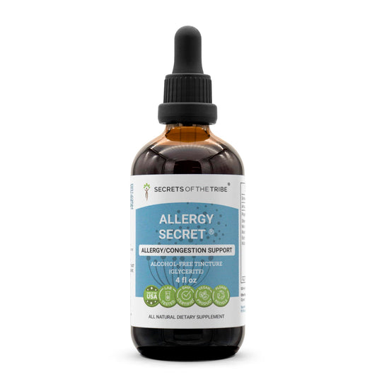 Secrets of the Tribe Allergy Secret bottle showing alcohol-free glycerite for daily use