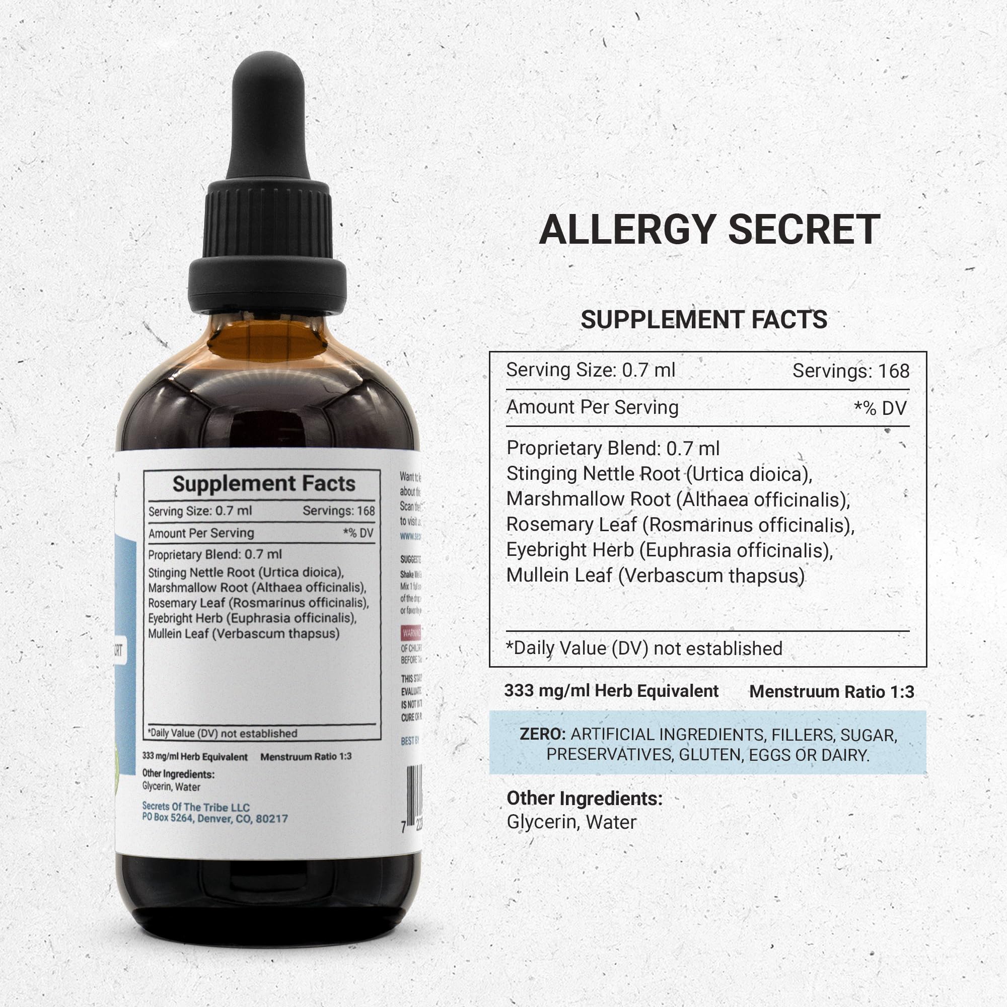 Label on the Secrets of the Tribe Allergy Secret bottle highlighting 4 oz size