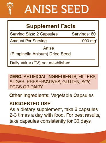 Secrets of the Tribe Anise Seed label detail shows 120 capsules per bottle