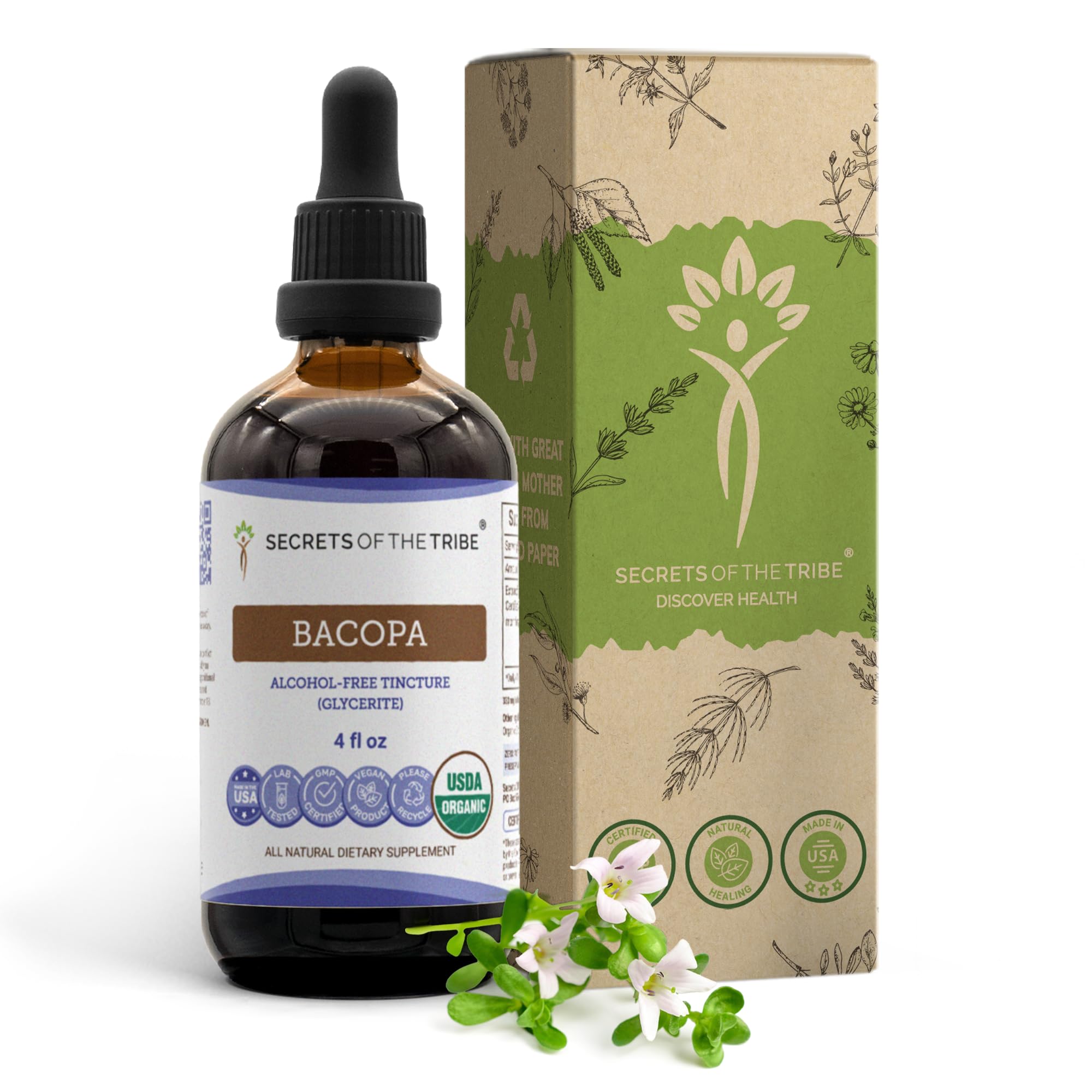 Secrets of the Tribe Bacopa bottle pour showing alcohol-free, high-potency herbal drops for daily use.