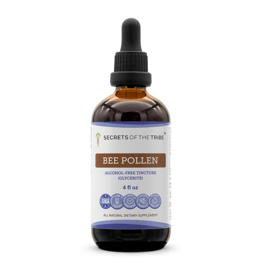 Secrets of the Tribe bee pollen tincture bottle for alcohol-free daily support.