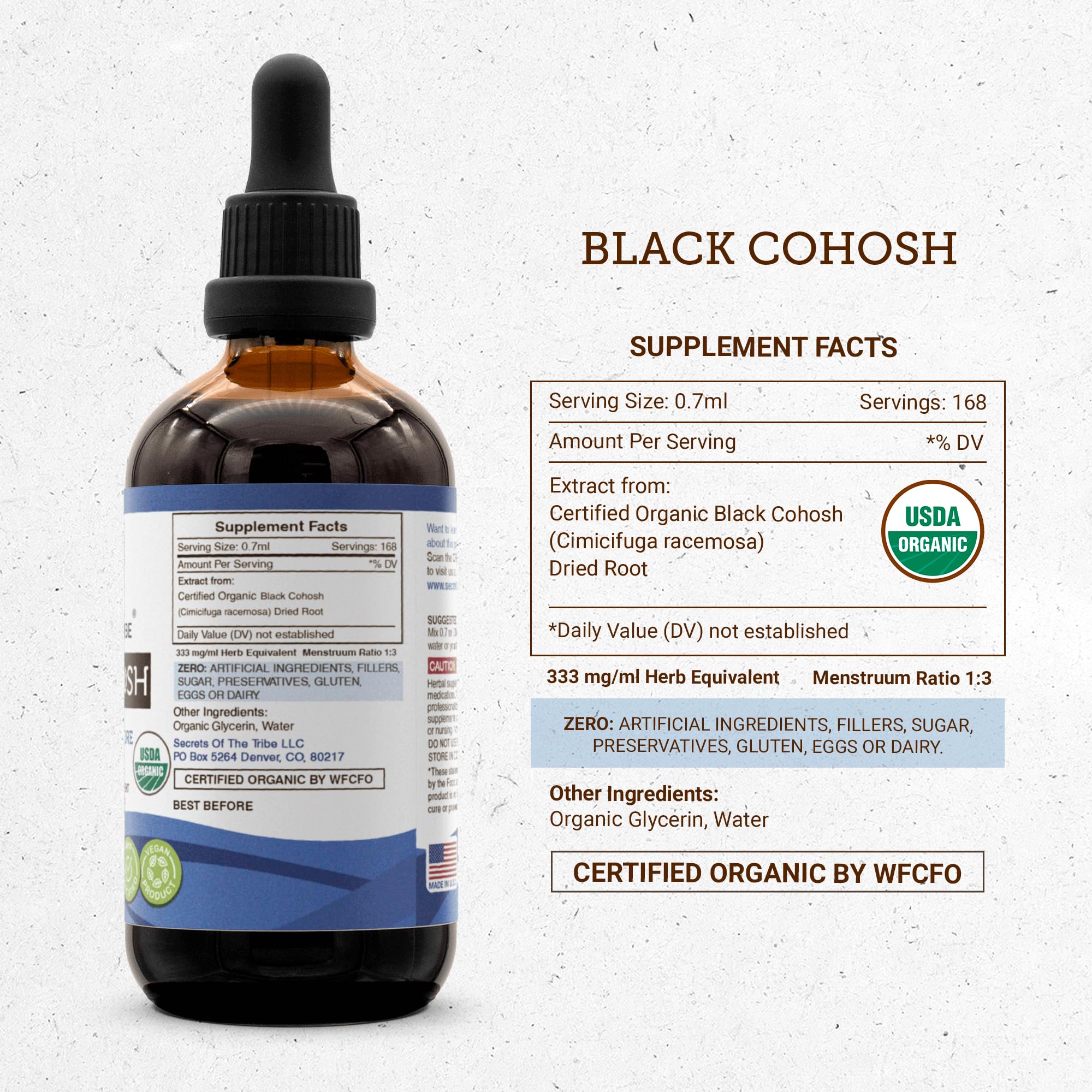 Secrets of the Tribe Black Cohosh bottle side view highlights a pure, natural formula