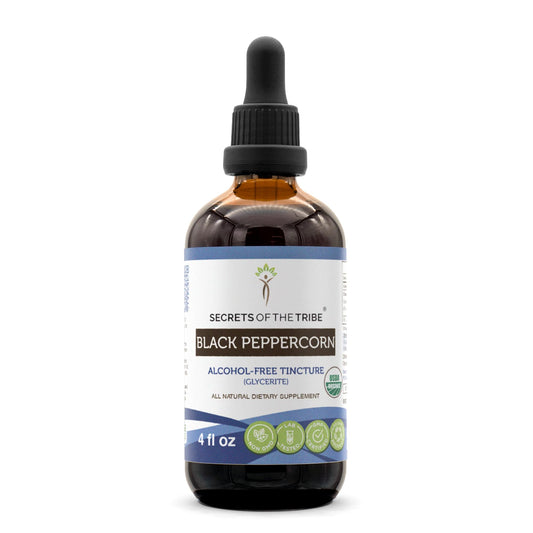 Secrets of the Tribe black peppercorn tincture front bottle shows alcohol-free flavor option