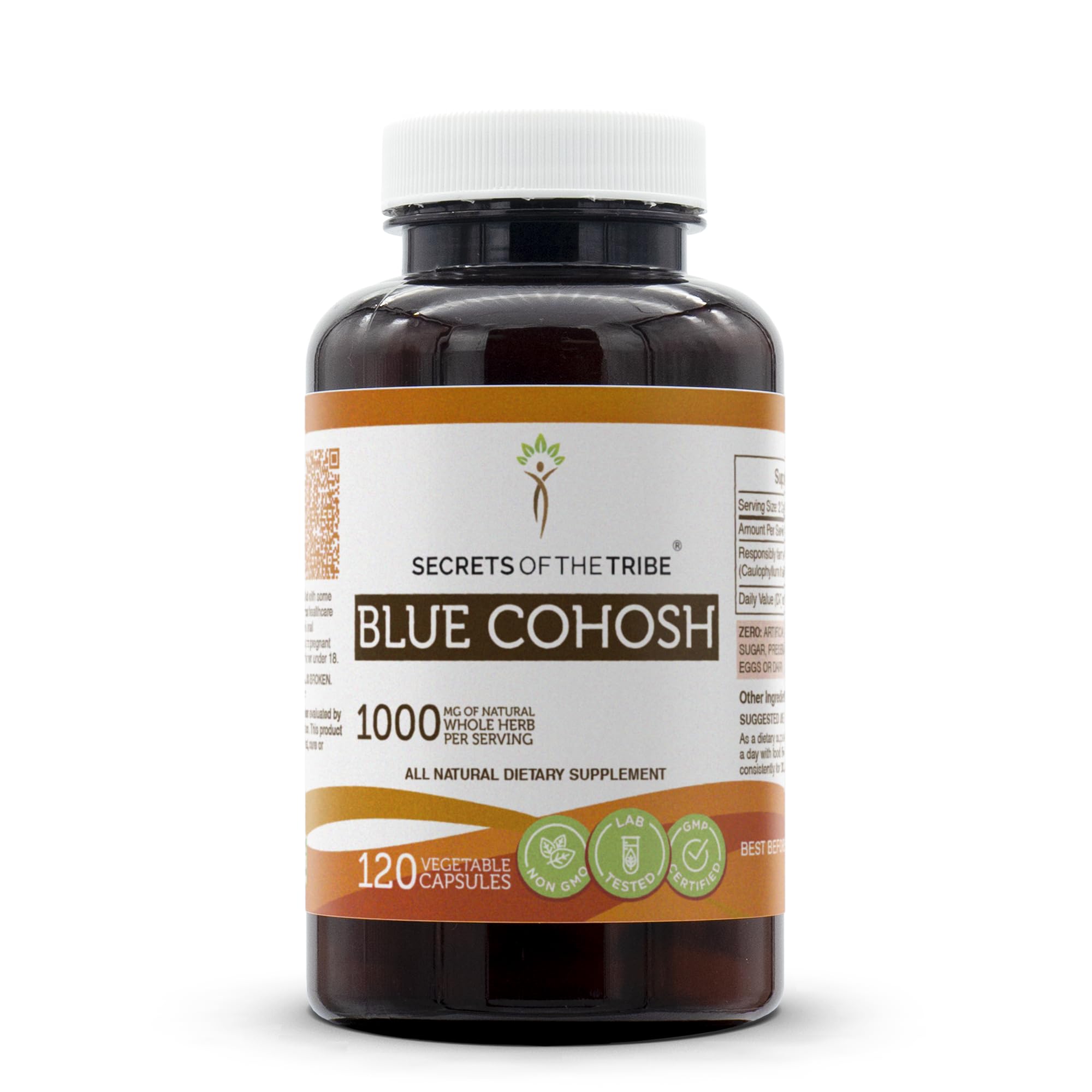 Secrets of the Tribe Blue Cohosh bottle with plant-based capsules for easy swallowing.