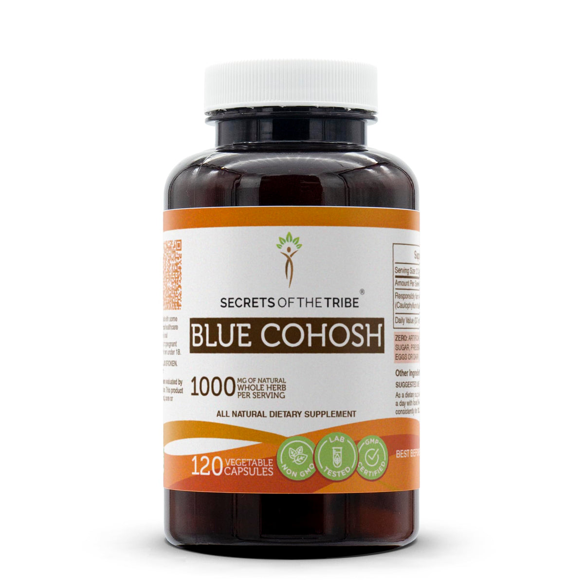 Secrets of the Tribe Blue Cohosh bottle with plant-based capsules for easy swallowing.