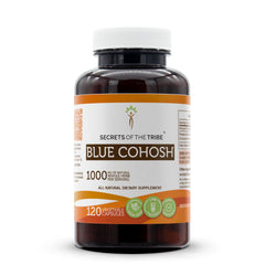 Secrets of the Tribe Blue Cohosh bottle with plant-based capsules for easy swallowing.