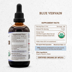 Secrets of the Tribe Blue Vervain USA facility label close-up highlighting quality sourcing