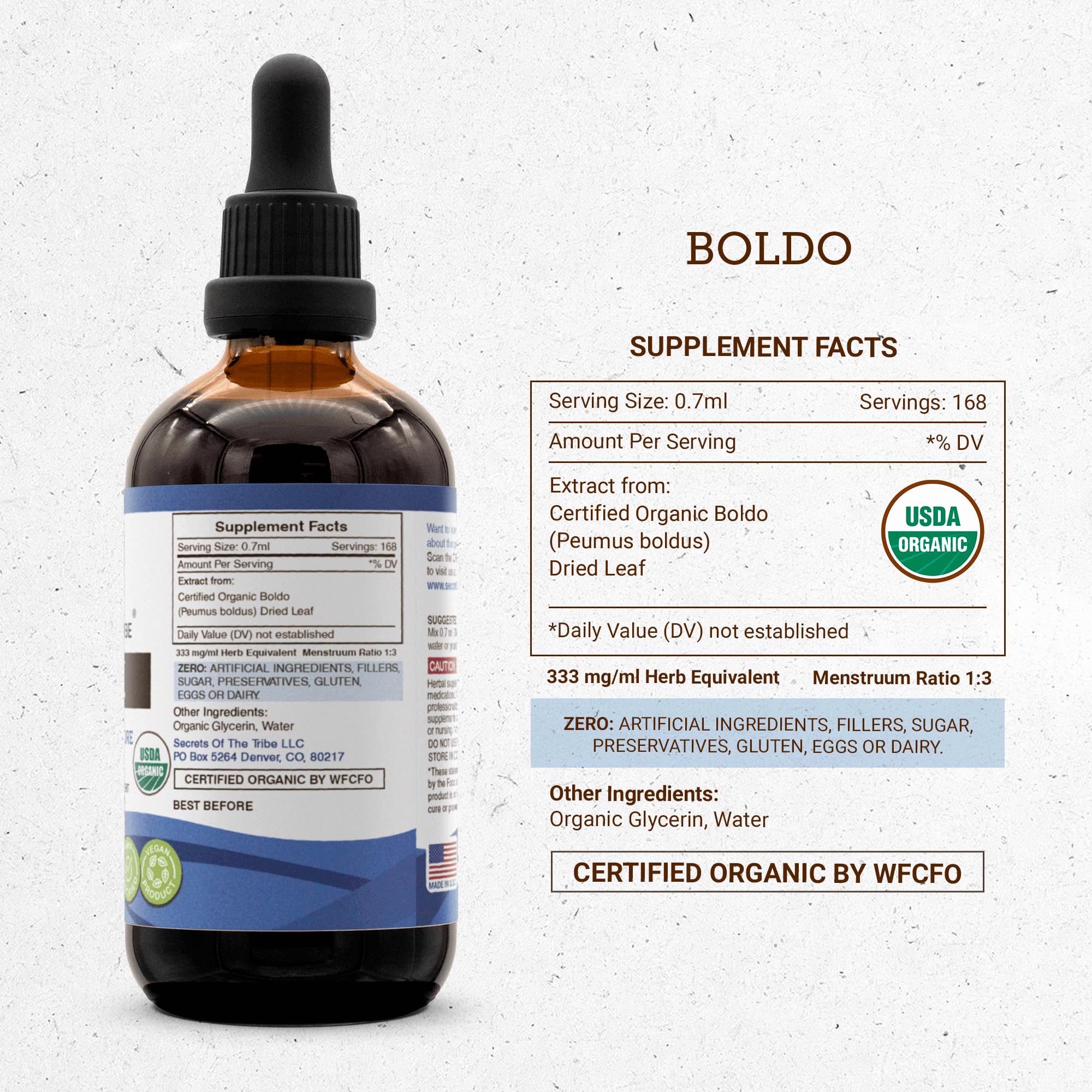 Close up of boldo leaves emphasizes 100% organic ingredients from Secrets of the Tribe.