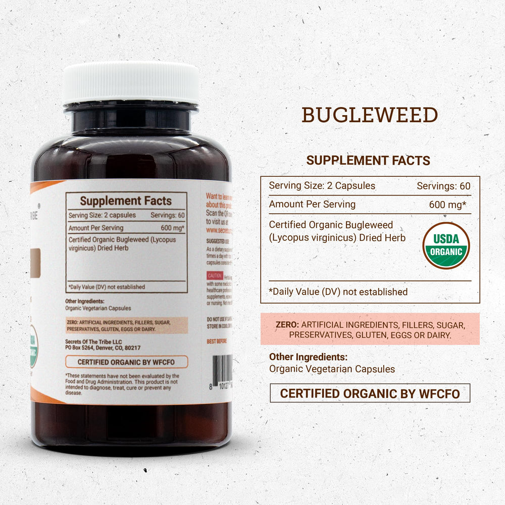 Secrets of the Tribe Bugleweed packaging box with dried herb imagery and seal