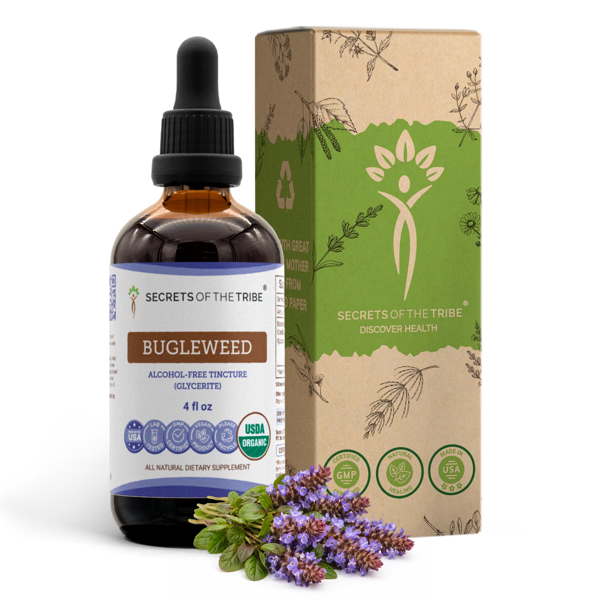 Secrets of the Tribe Bugleweed bottle with organic label and high-potency herbal extract