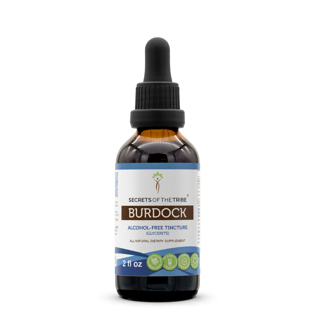 Secrets of the Tribe Burdock tincture bottle pour for easy, alcohol-free dosing.