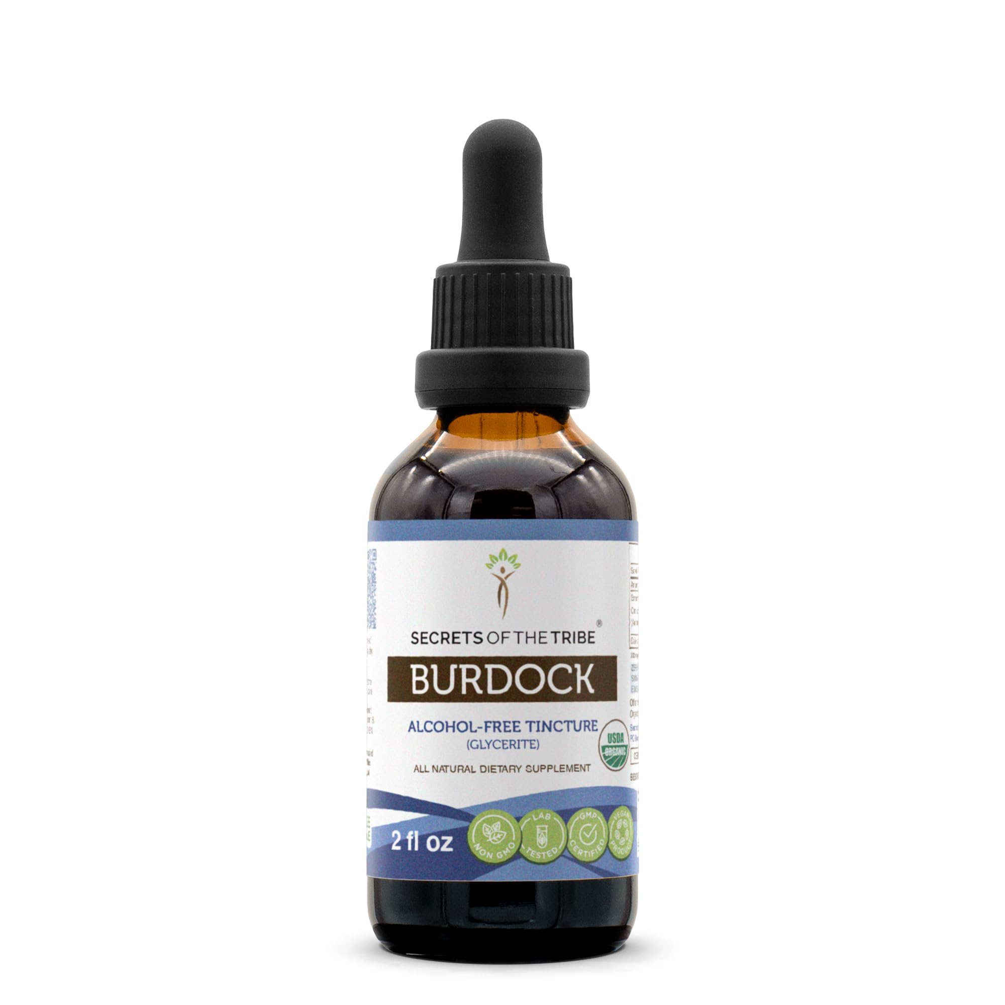 Secrets of the Tribe Burdock bottle with alcohol-free herbal extract for daily use.
