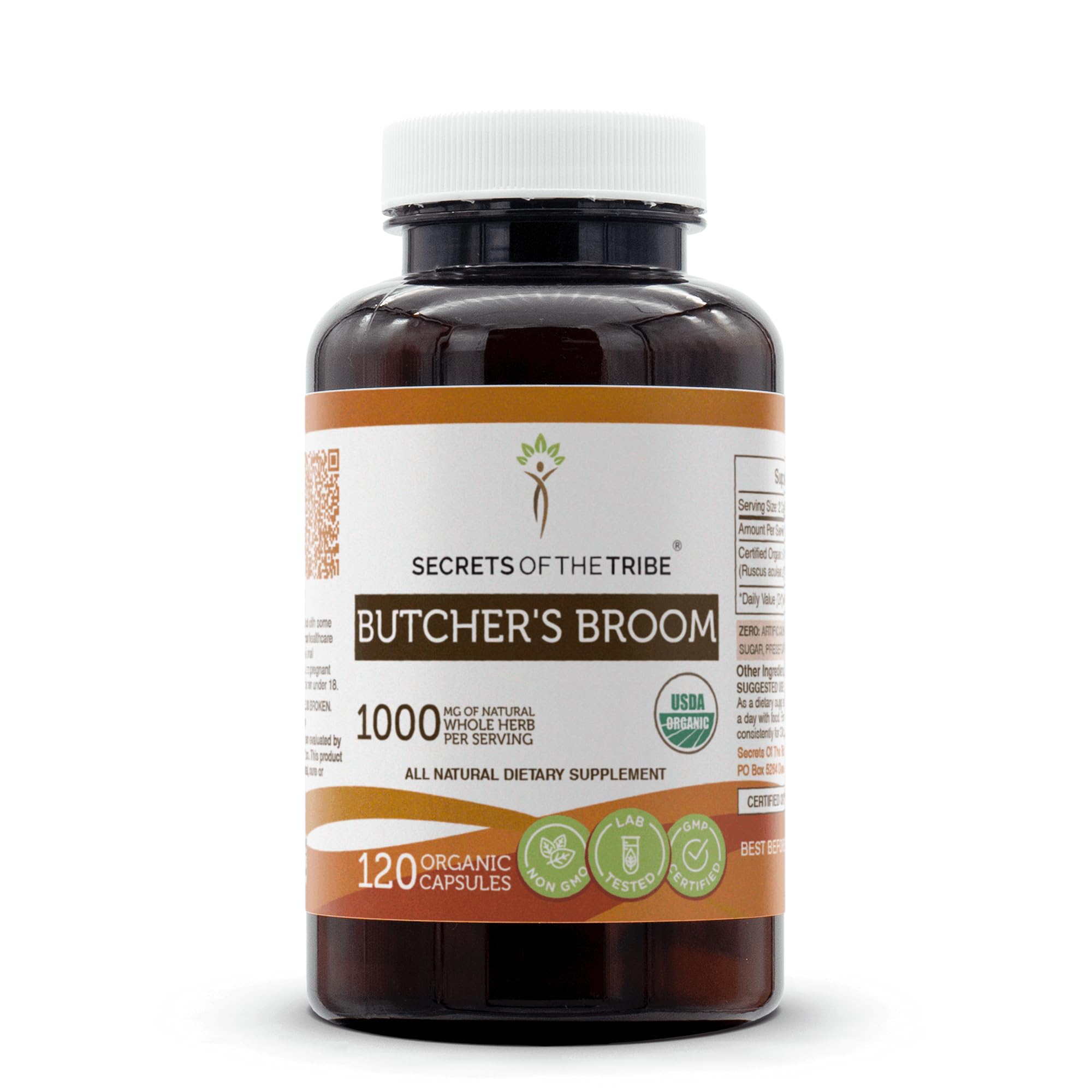 Secrets of the Tribe Butcher's Broom capsules bottle on shelf for daily herbal support.
