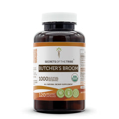 Secrets of the Tribe Butcher's Broom capsules bottle on shelf for daily herbal support.