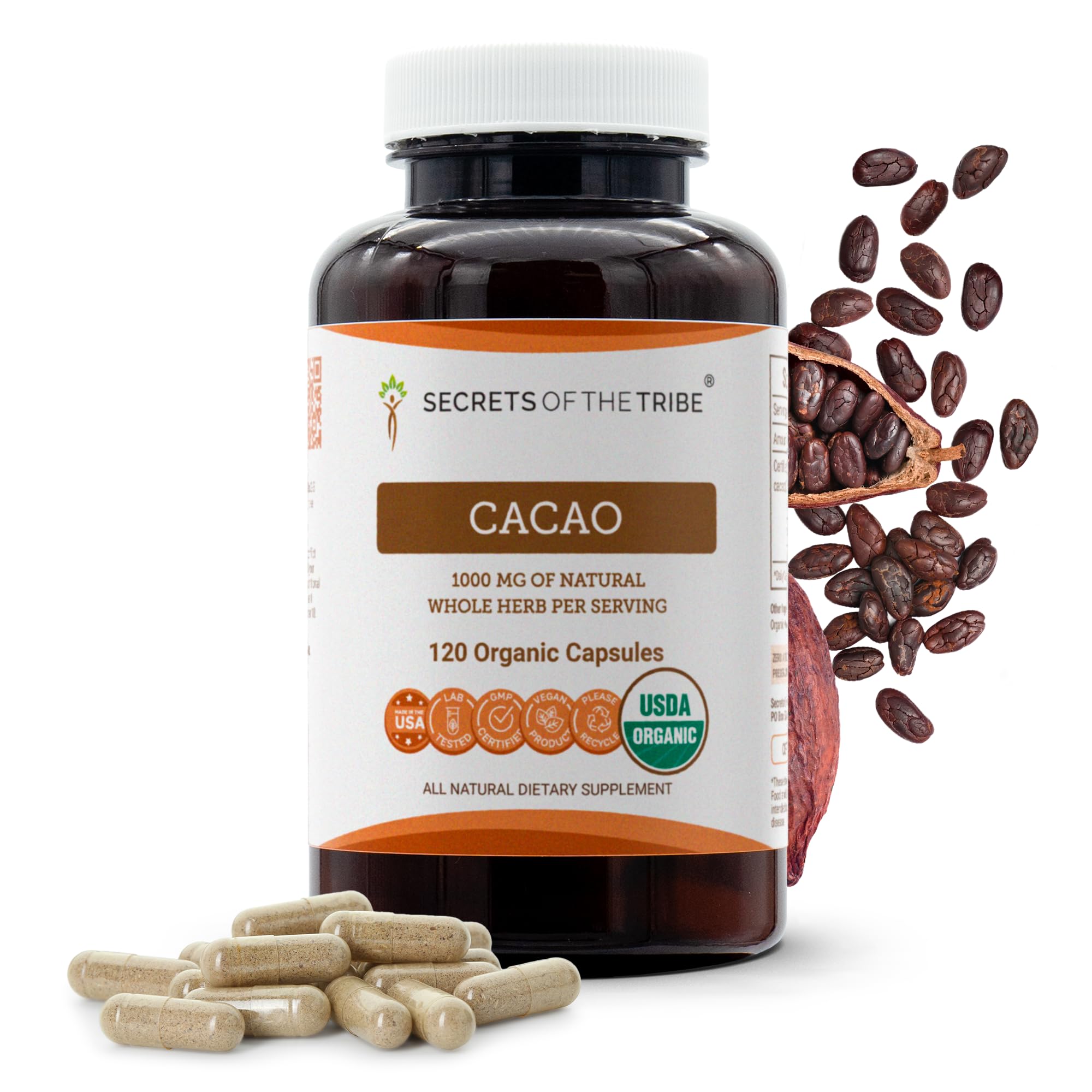Secrets of the Tribe Cacao bottle label showing USDA Organic certification