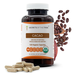 Secrets of the Tribe cacao capsules bottle shows organic certification for daily wellness.