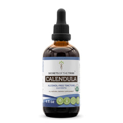 Secrets of the Tribe Calendula bottle top view shows alcohol-free extract for daily use.