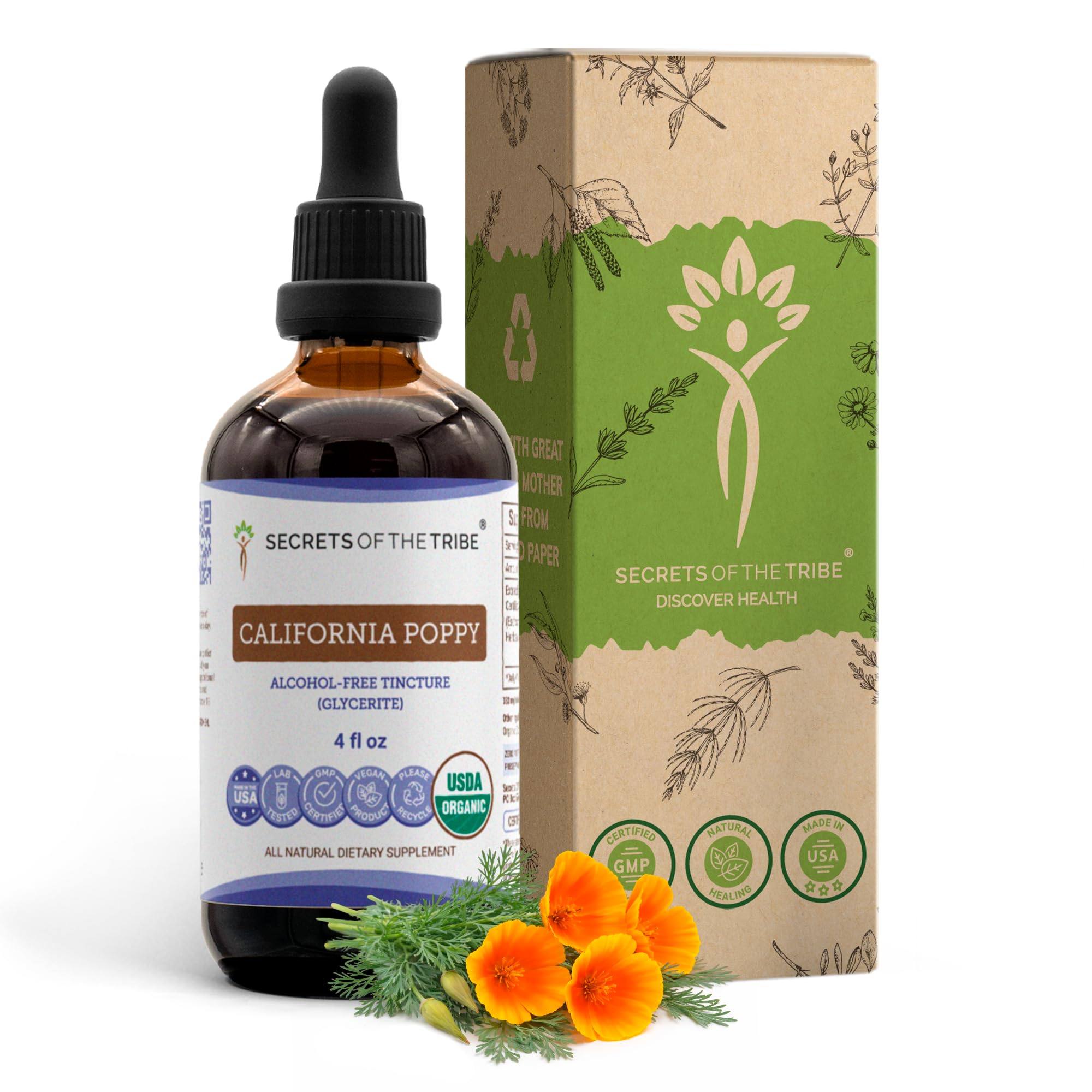 Secrets of the Tribe California Poppy tincture bottle with dropper—alcohol-free, high-potency herbal extract.