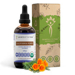 Secrets of the Tribe California Poppy tincture bottle with dropper—alcohol-free, high-potency herbal extract.